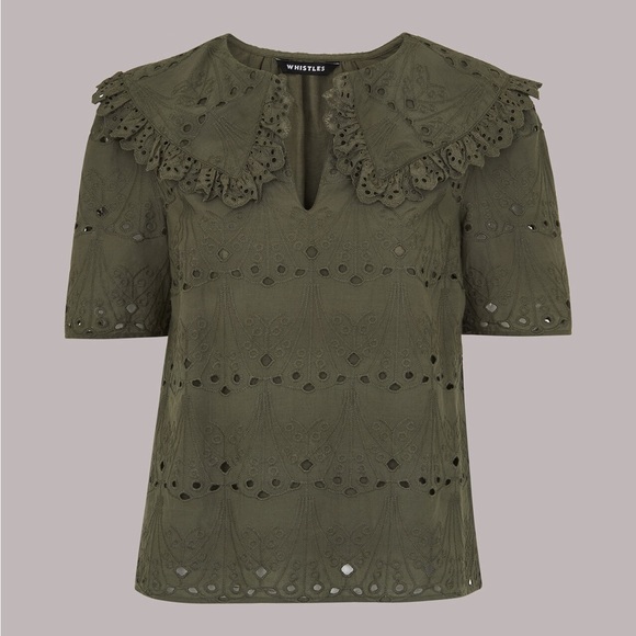 Whistles Khaki Collar Detail Broderie Blouse - Picture 2 of 8